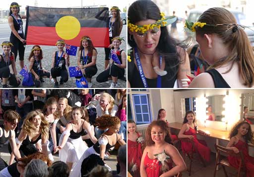 Collage of 4 images: 1) Young Aboriginal dancers holding an Australian Aboriginal flag. 2) dancers in red costumes sitting in a mirrored dressing room getting ready. 3) two dancers wearing wattle head bands. 4) young dancers dressed in white and black performing in the middle of a crowd.
