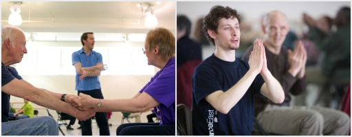 A two-image collage: 1) A seated man and woman facing each other lean inwards with outstretched arms crossed over, hands clasping the others. They smile while looking towards the male dance teacher instructing the class; 2) A seated dance instructor claps hands together while a male participant copies his movement instructions.