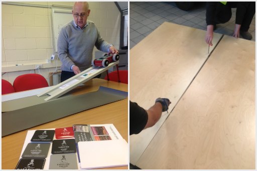  Ray, Technical Director with Harlequin undertaking a slip test on Harlequin vinyl floors   Paul, demonstrating the innovative locking method of the 'Liberty' panels 